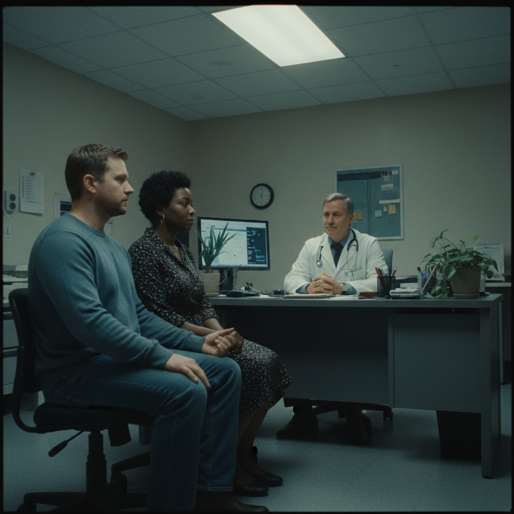 A white husband and Black wife sitting side by side across from a doctor, holding hands — quiet solidarity in an uncertain moment
