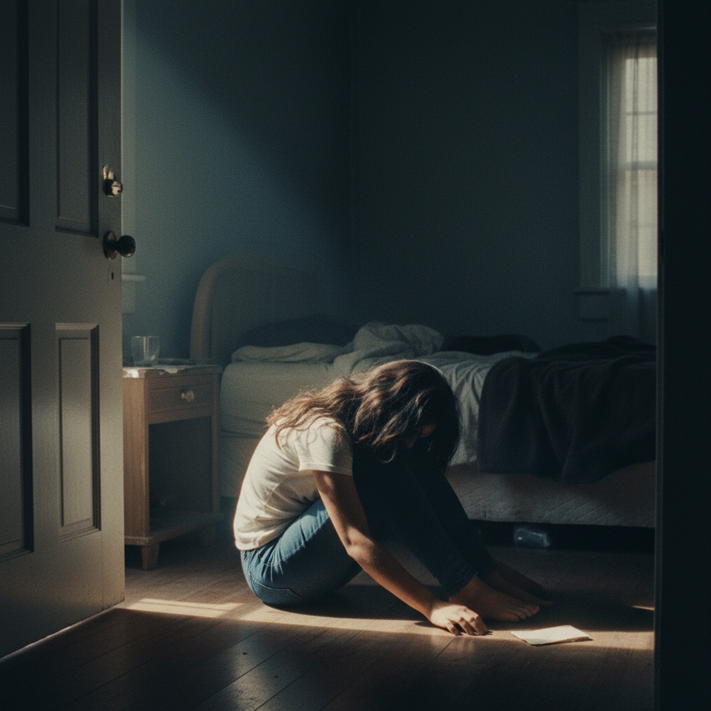 A young Latina woman collapsed on a bedroom floor, a shaft of light falling across her — the quiet devastation of a crisis moment