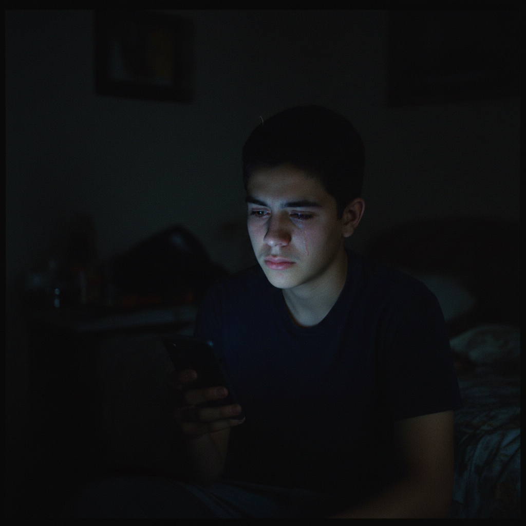 A Hispanic teenage boy alone in a dark room, face lit by a phone screen — isolated, withdrawn, his grief unspoken