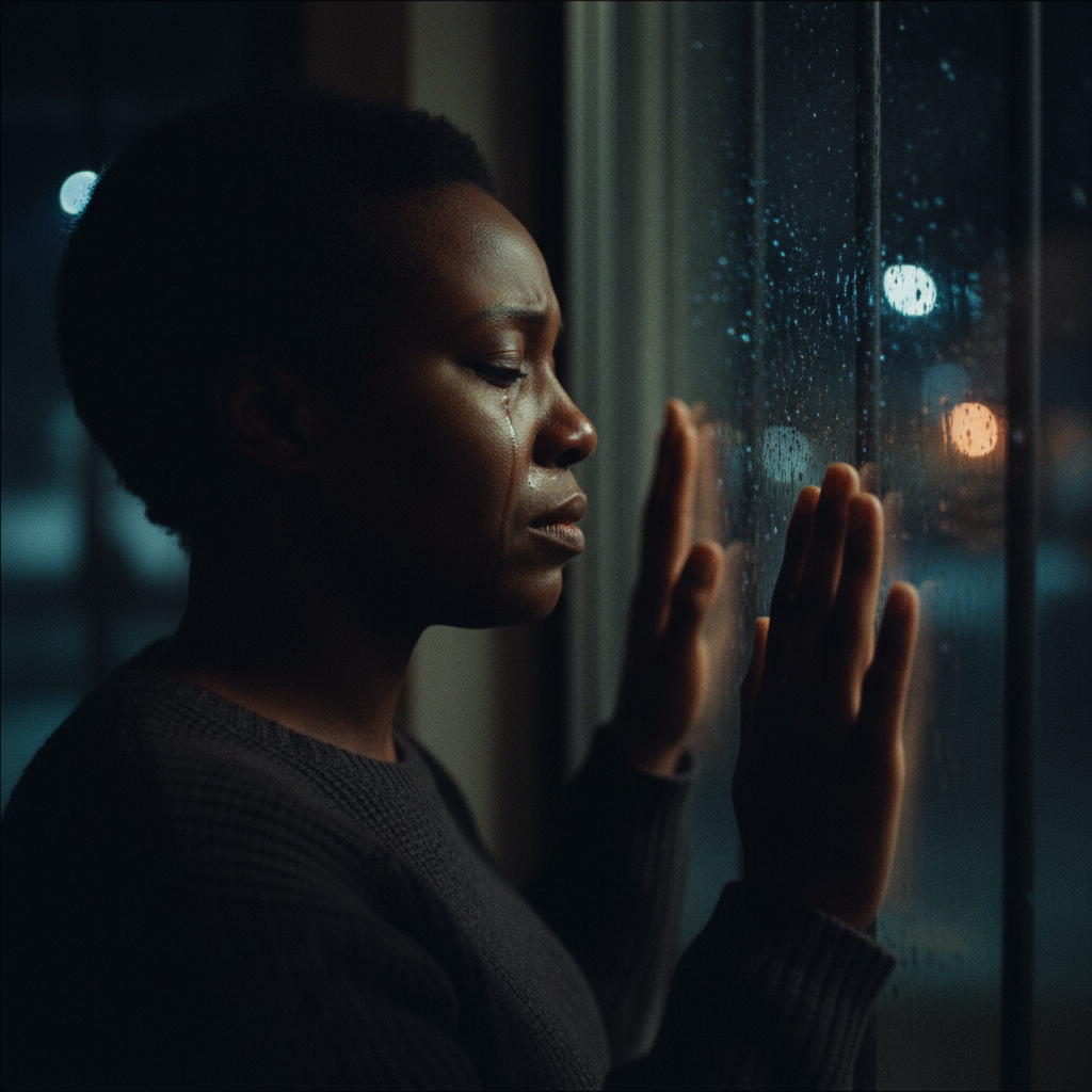 A Black mother stands at a rain-streaked window at night, tears on her face — the silent grief of a caregiver holding herself together