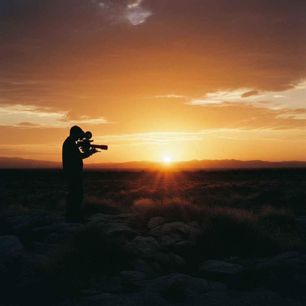 A silhouette of a filmmaker at golden sunset — representing the cinematic vision and mission behind Beyond The Noise Foundation