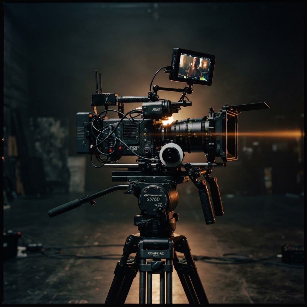 Full professional cinema camera rig on a dark soundstage
