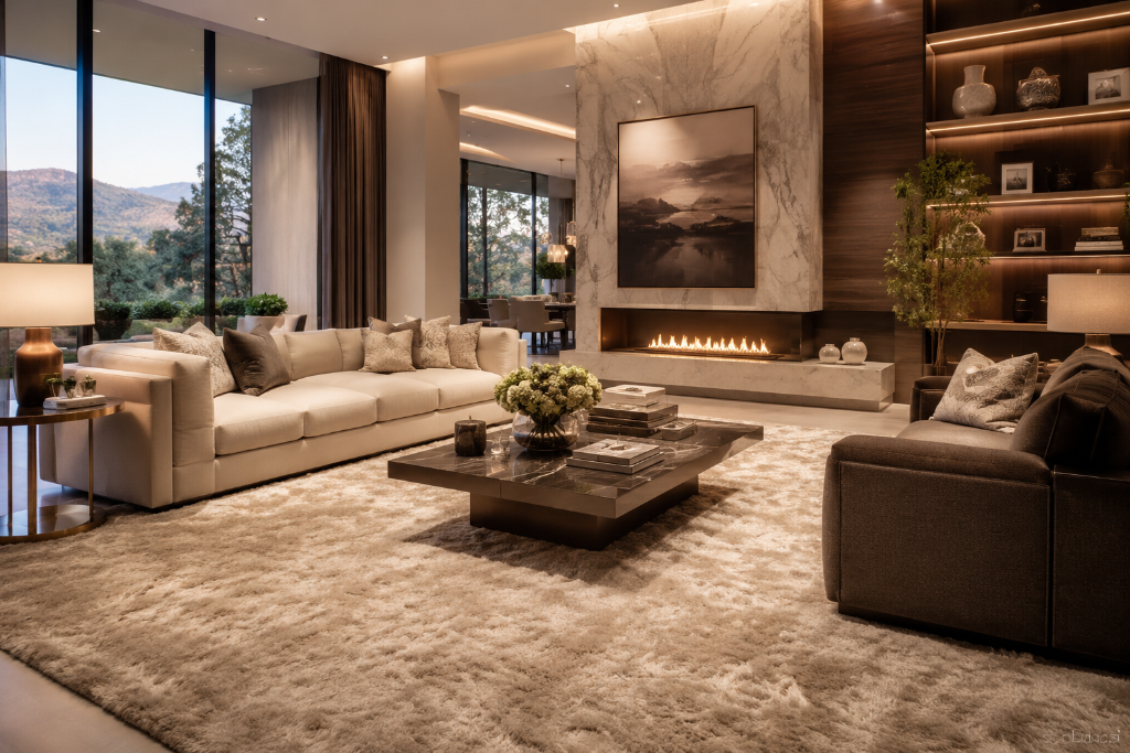Luxury living room with pristine carpet and high-end furnishings
