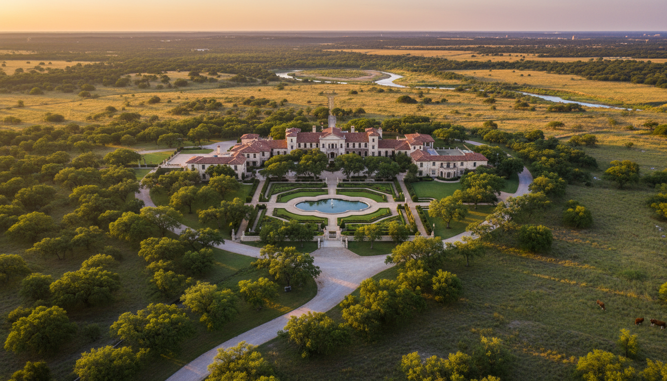 Estate and grounds aerial at golden hour