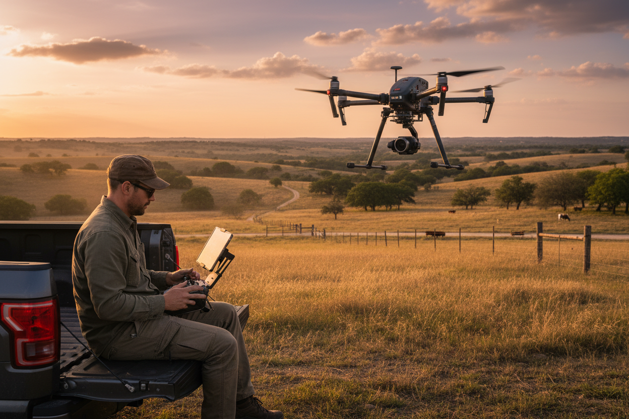 Drone pilot on tailgate, ranch behind