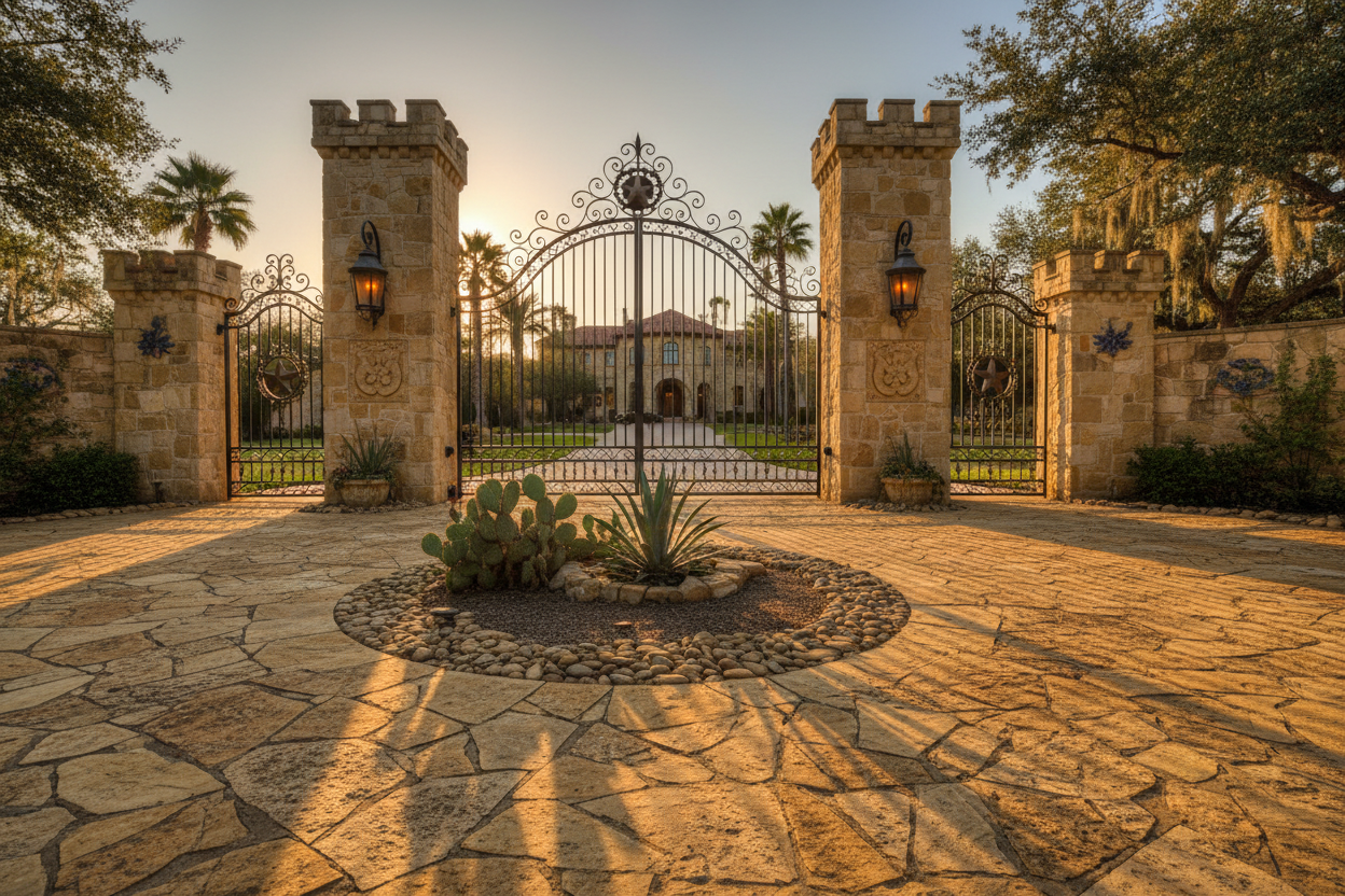 Motor court and gated entry, stonework detail