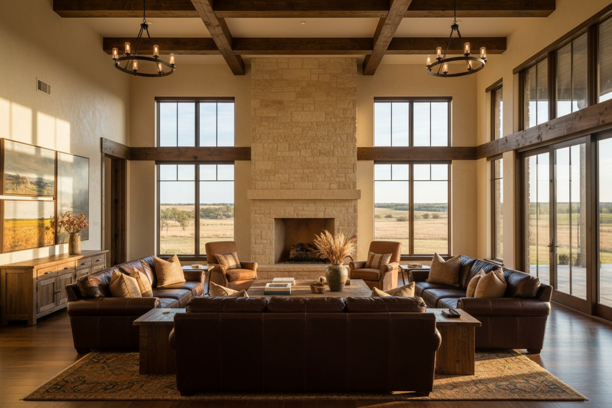 Great room — timber and stone, view to pasture