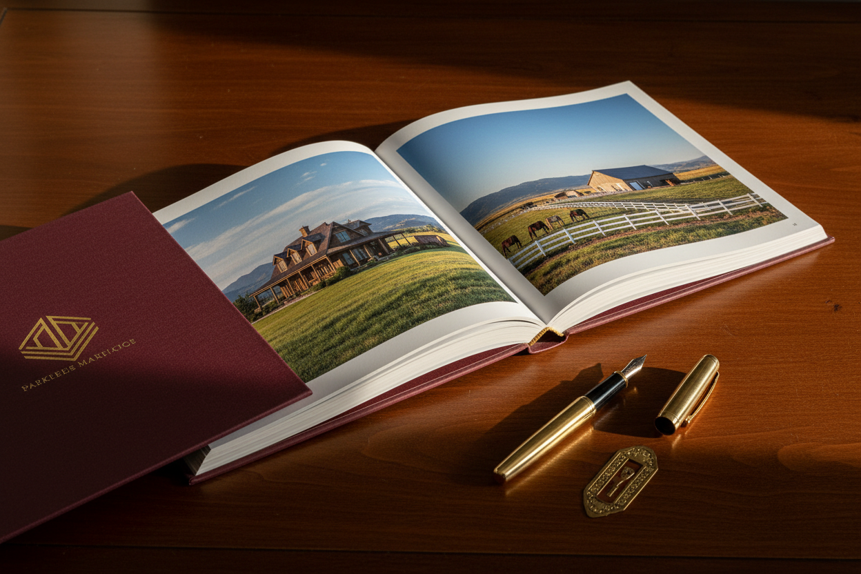 Marketing book spread, printed on desk