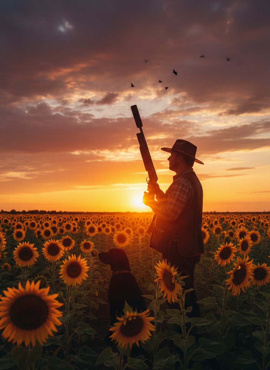 Dove hunt, golden field at dusk