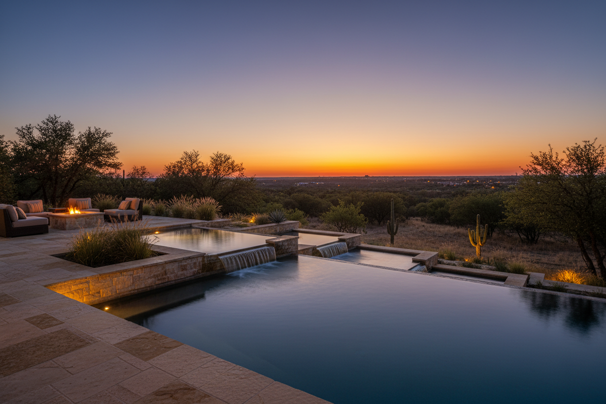 Pool terrace over water feature at dusk