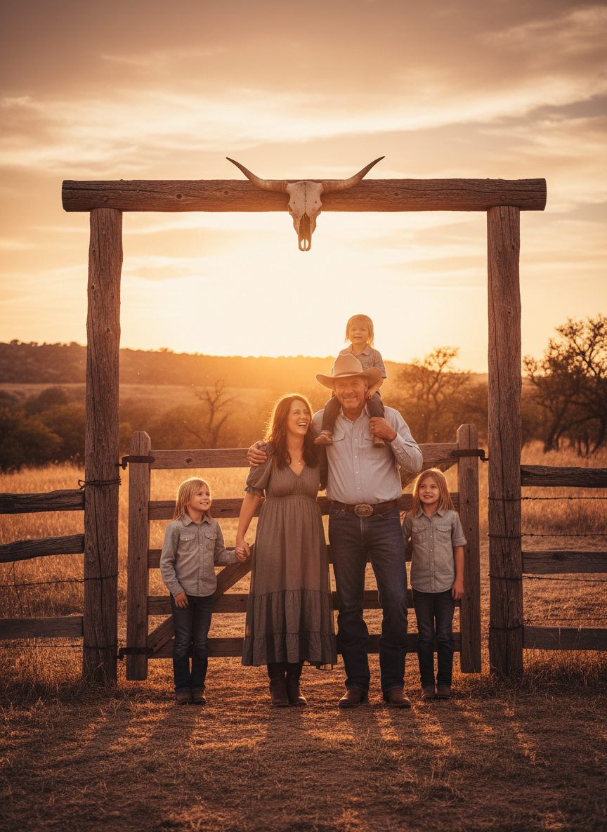 Family at ranch gate, generations