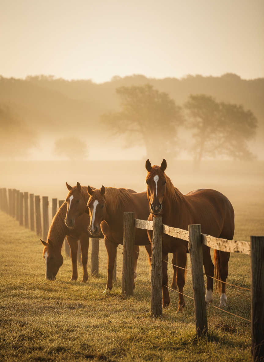 Horses at the fence line in morning fog