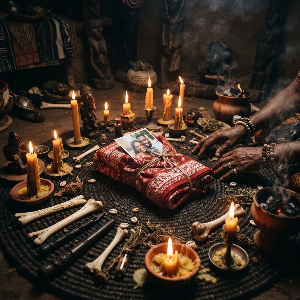 African lost lover ritual with photograph, candles, and ancestral bones