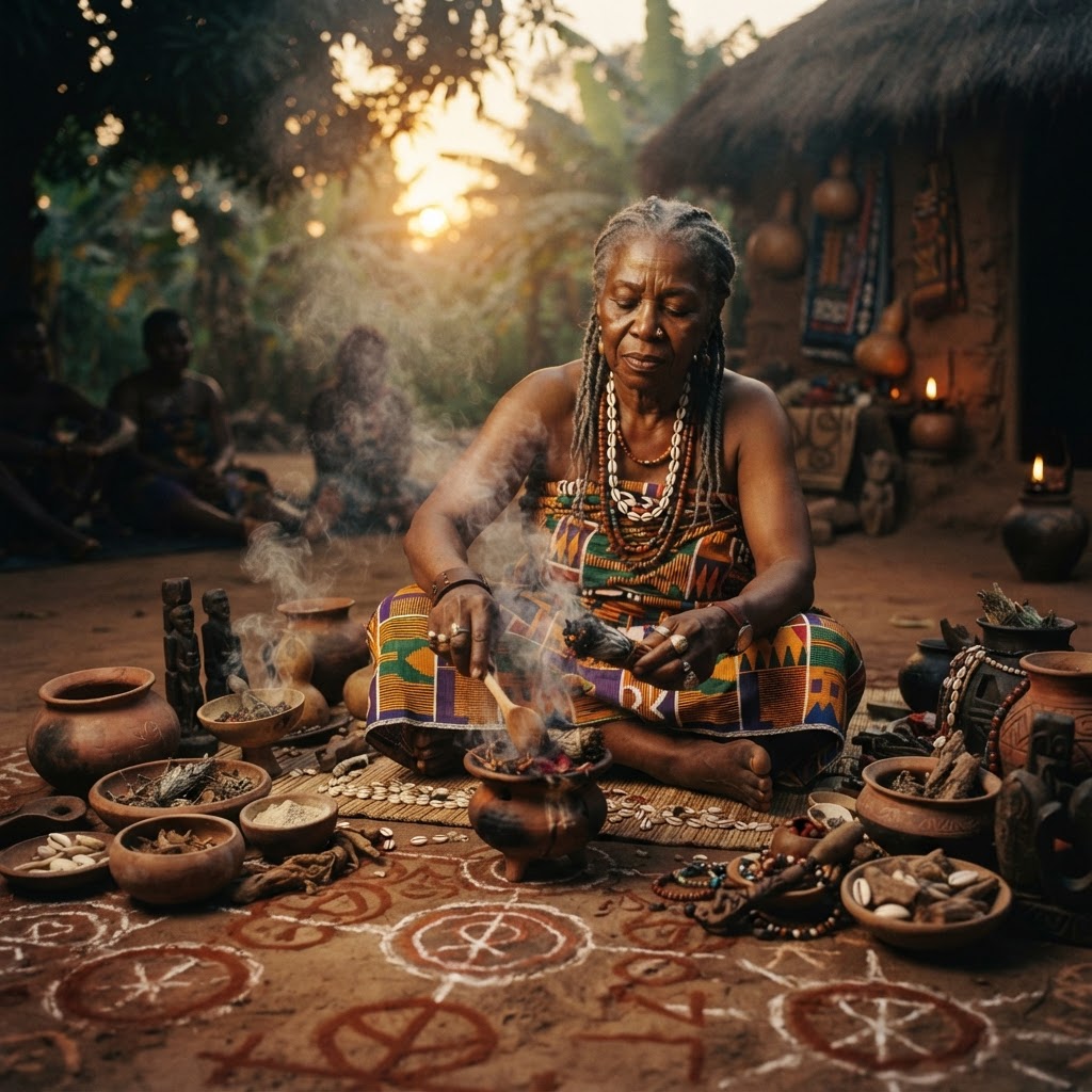 African traditional love spell casting ceremony with sacred herbs and cowrie shells