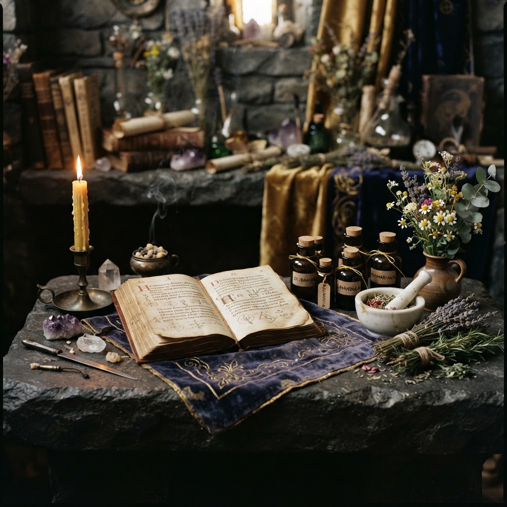 Ancient affection love ritual with candles, oils and flowers