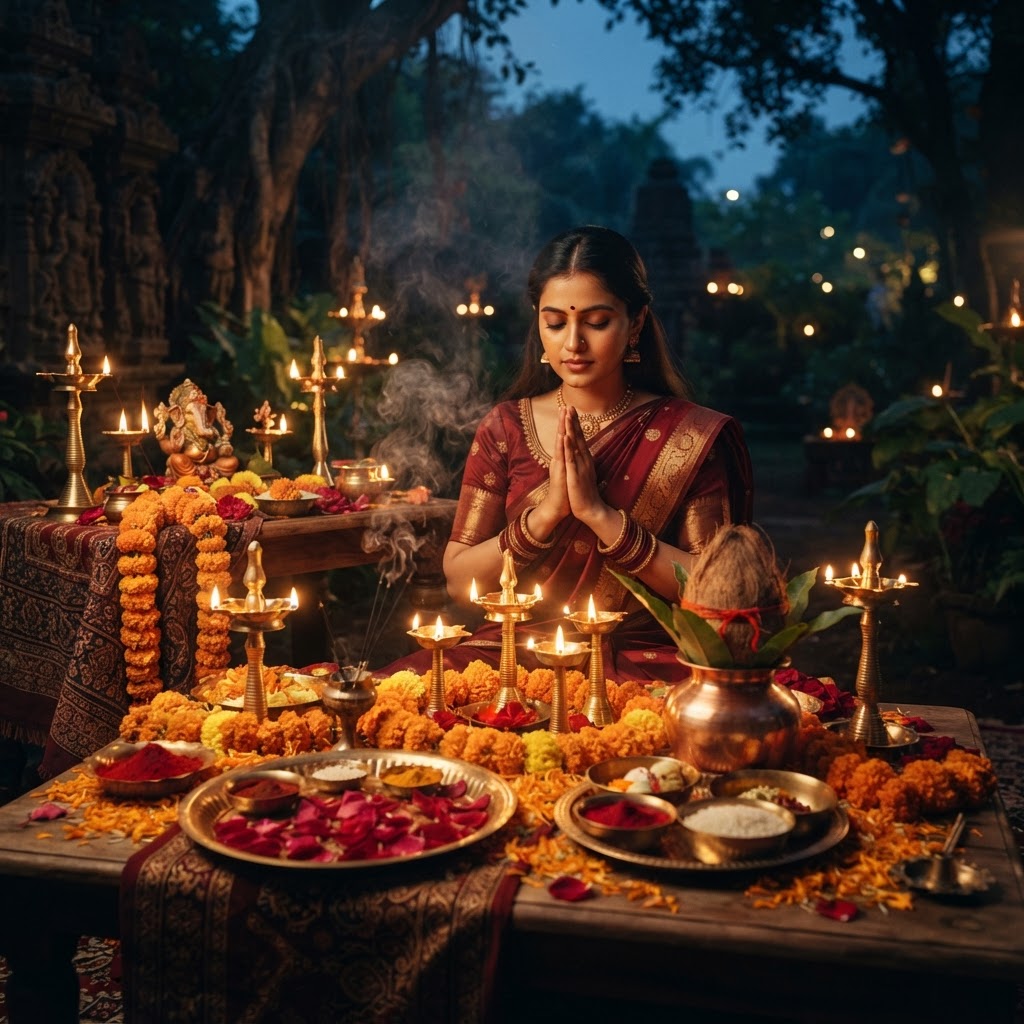 Indian love spell ritual ceremony with brass diyas, marigold, and kumkum