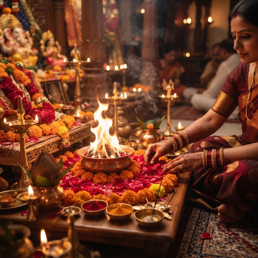 Indian love spell ritual with havan fire, marigold, and kumkum