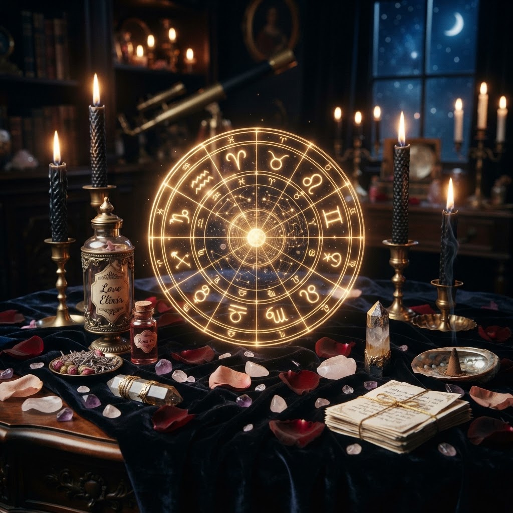 astrology love spells and lost lover guidance with celestial zodiac wheel