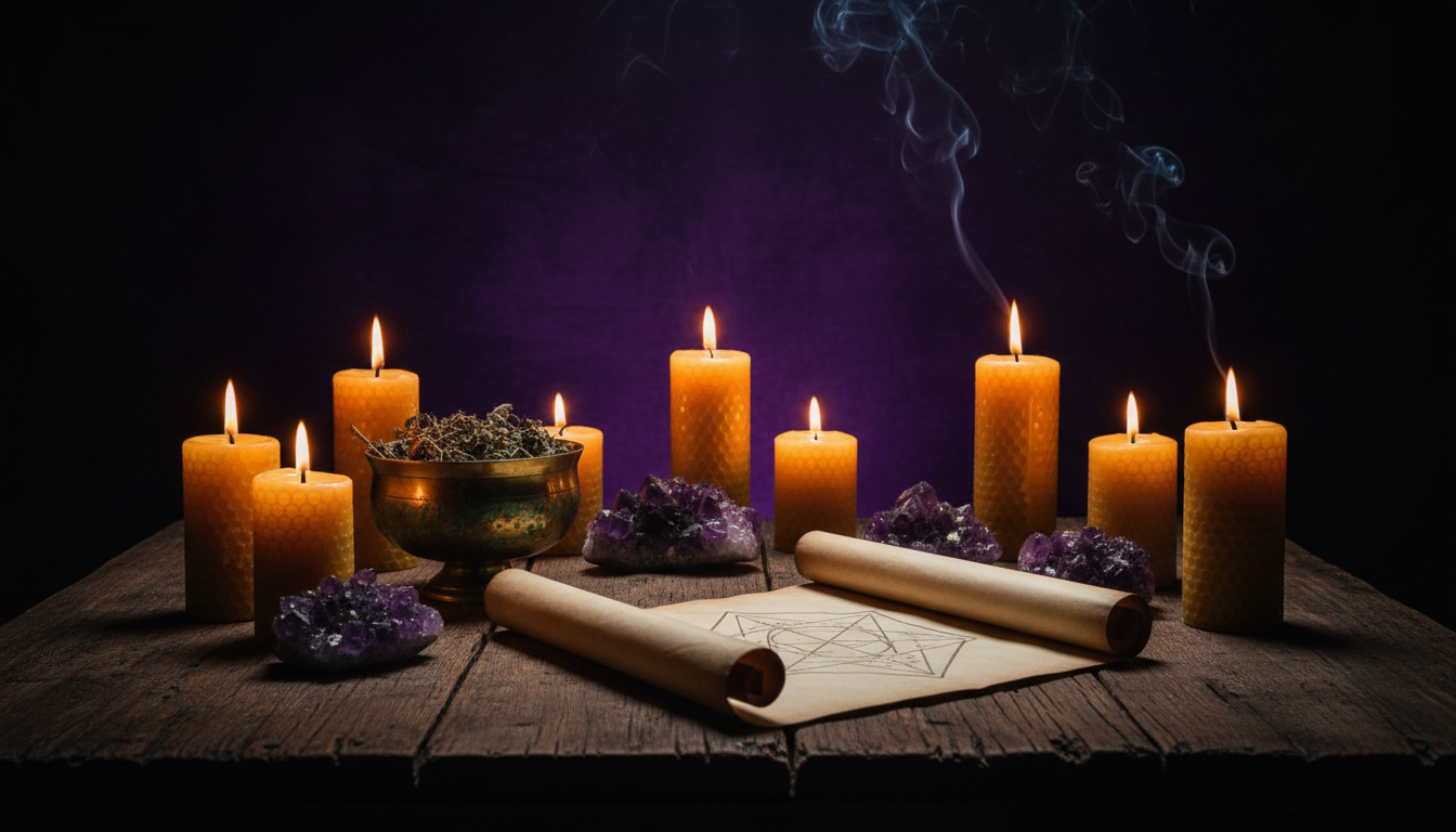 Candle ritual altar for traditional love spells and spiritual healing