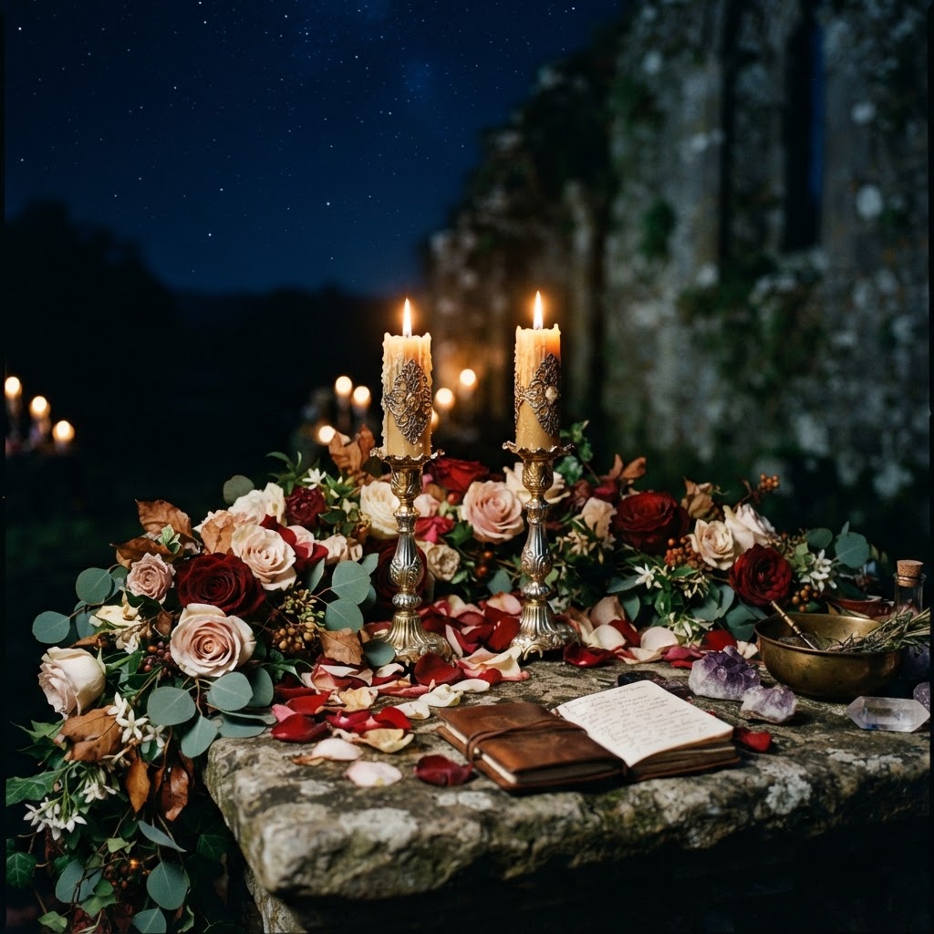 Affection love spell with roses and candles for romantic connection