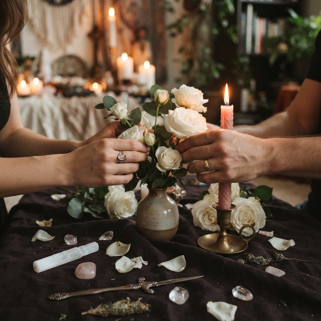 Wiccan-inspired love magick candle ritual with roses