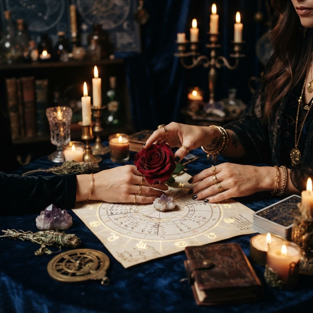 Astrology love spell consultation with zodiac chart and rose