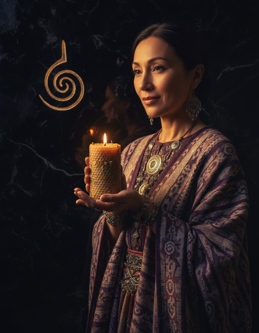 Traditional spiritual healer holding a candle for private guidance