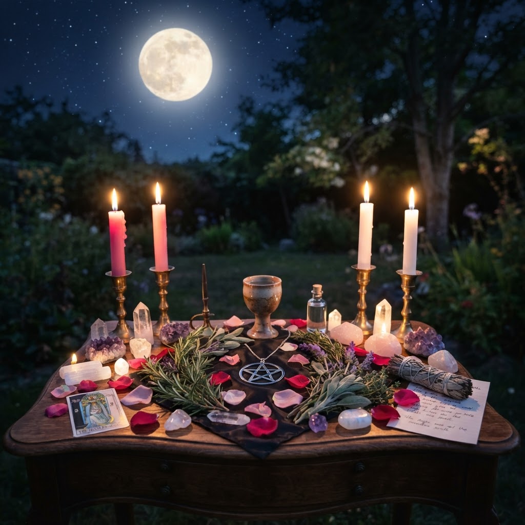 Wiccan magick spells altar with candles and full moon