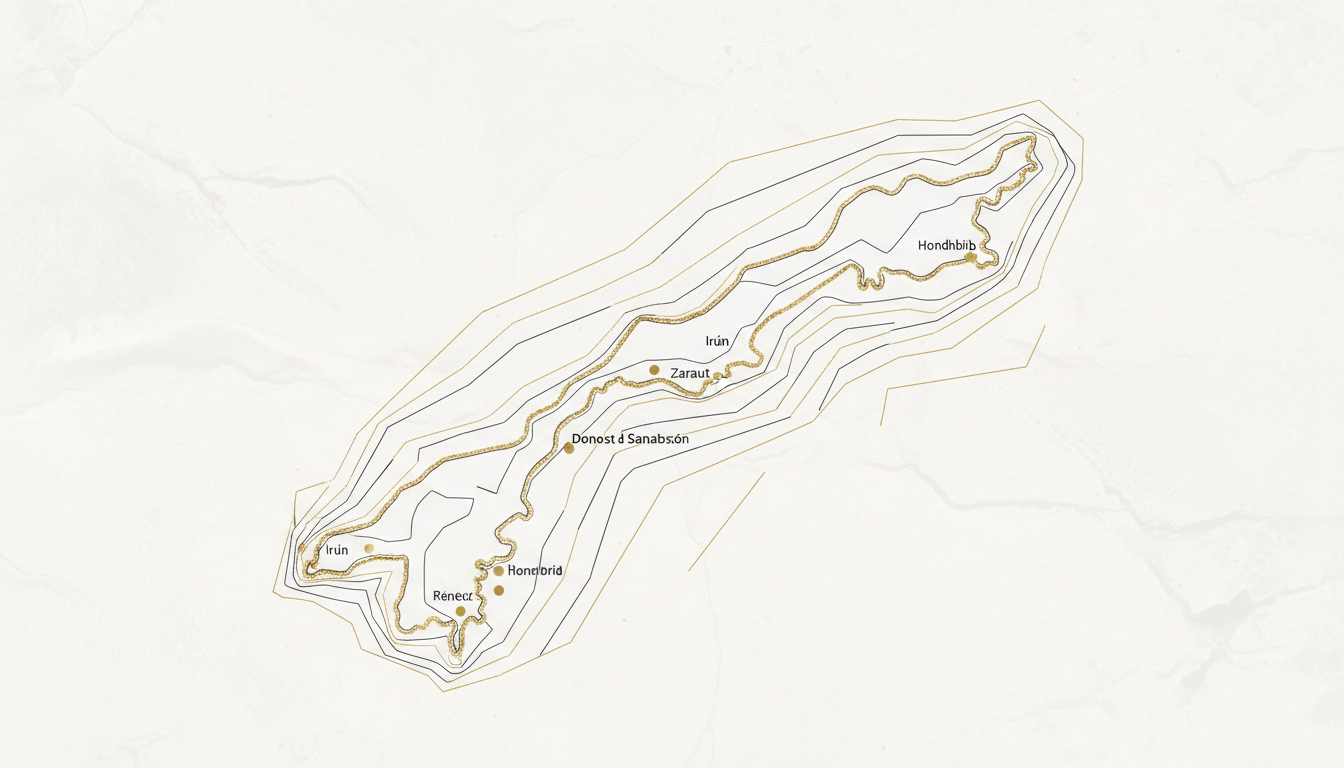 Mapa minimalista de Gipuzkoa con Donostia, Irún, Zarautz, Hondarribia y Rentería