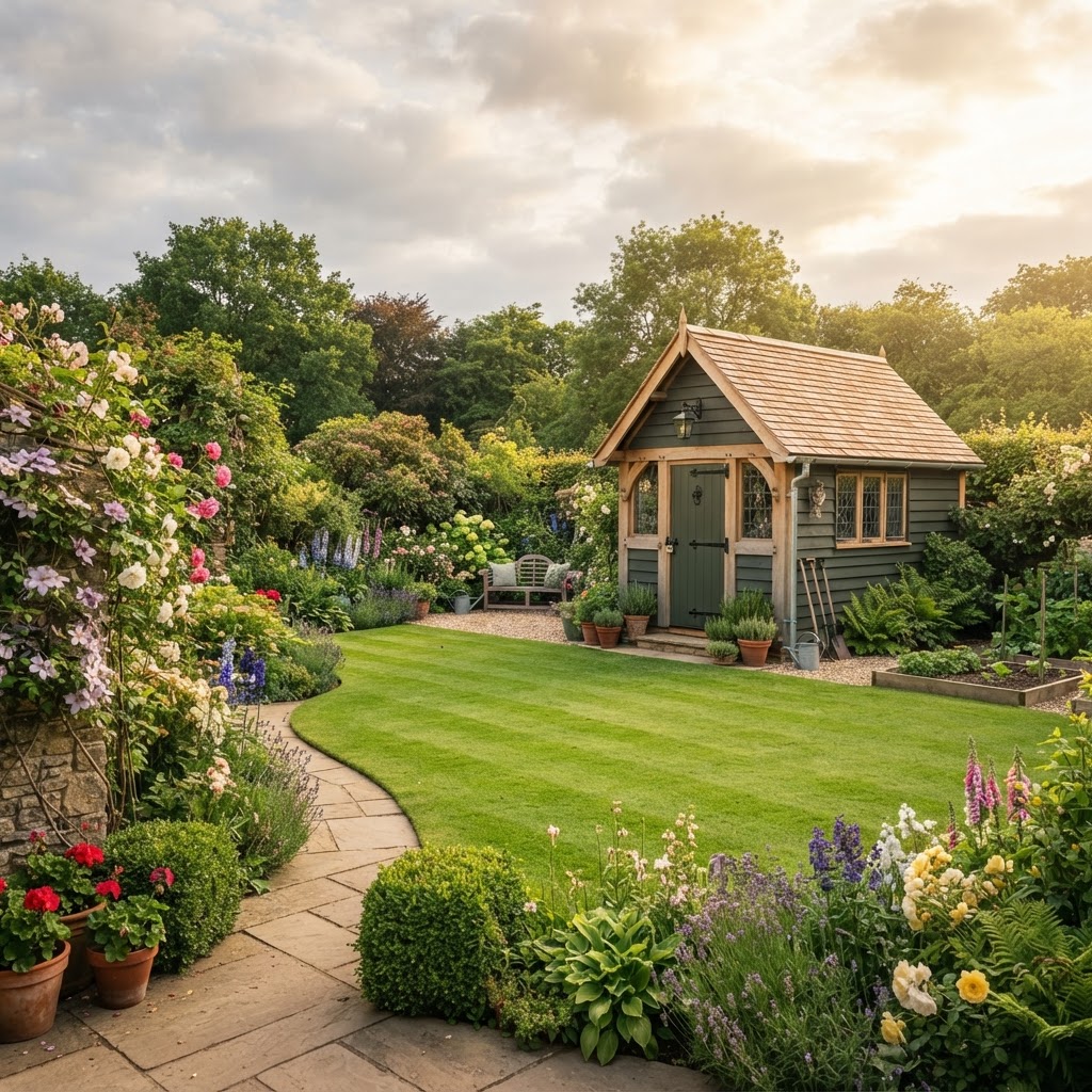 Premium timber garden shed in a British garden
