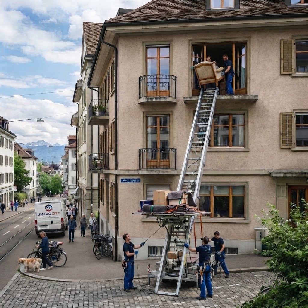 Möbellift Service in Zürich – Umzug City Möbellift Zürich – Umzug City setzt Möbellift für Umzug in obere Stockwerke ein