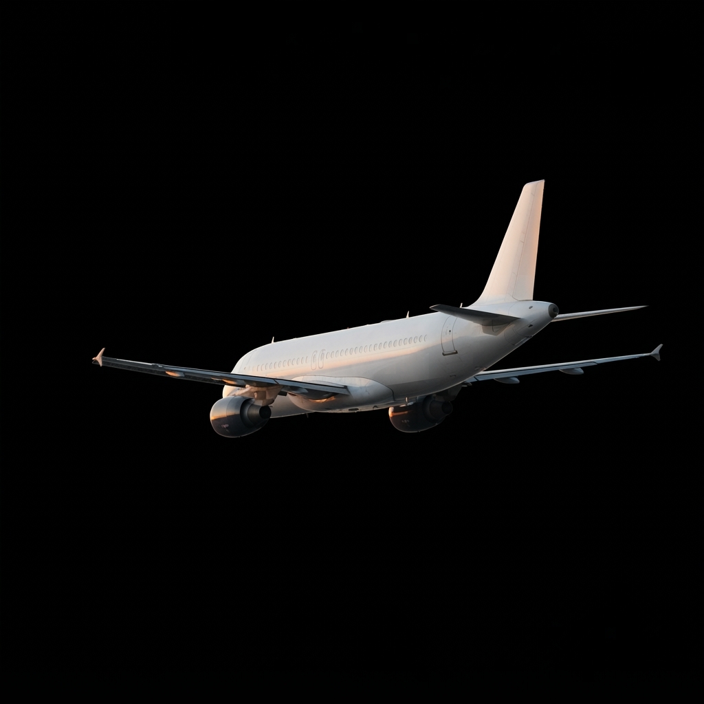 A319 airliner flying away toward the setting sun