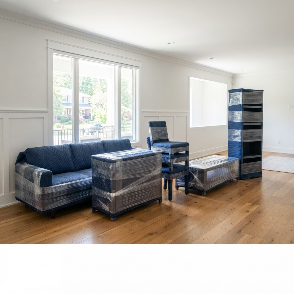 Several pieces of furniture — a blue fabric sofa, a console, a stack of chairs, and a tall shelving unit — all fully wrapped in blue quilted moving blankets and sealed with clear plastic stretch wrap, arranged in a bright residential room with hardwood floors