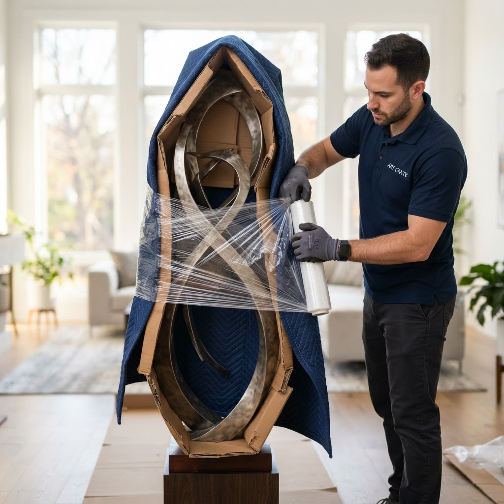 Professional mover wrapping a large metal sculpture in a blue quilted moving blanket and tight clear plastic stretch wrap in a bright modern room