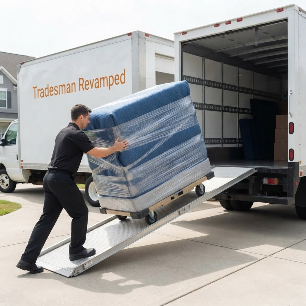 Mover pushing a blanket-wrapped and plastic-wrapped item up a metal loading ramp into a white box truck on a residential driveway