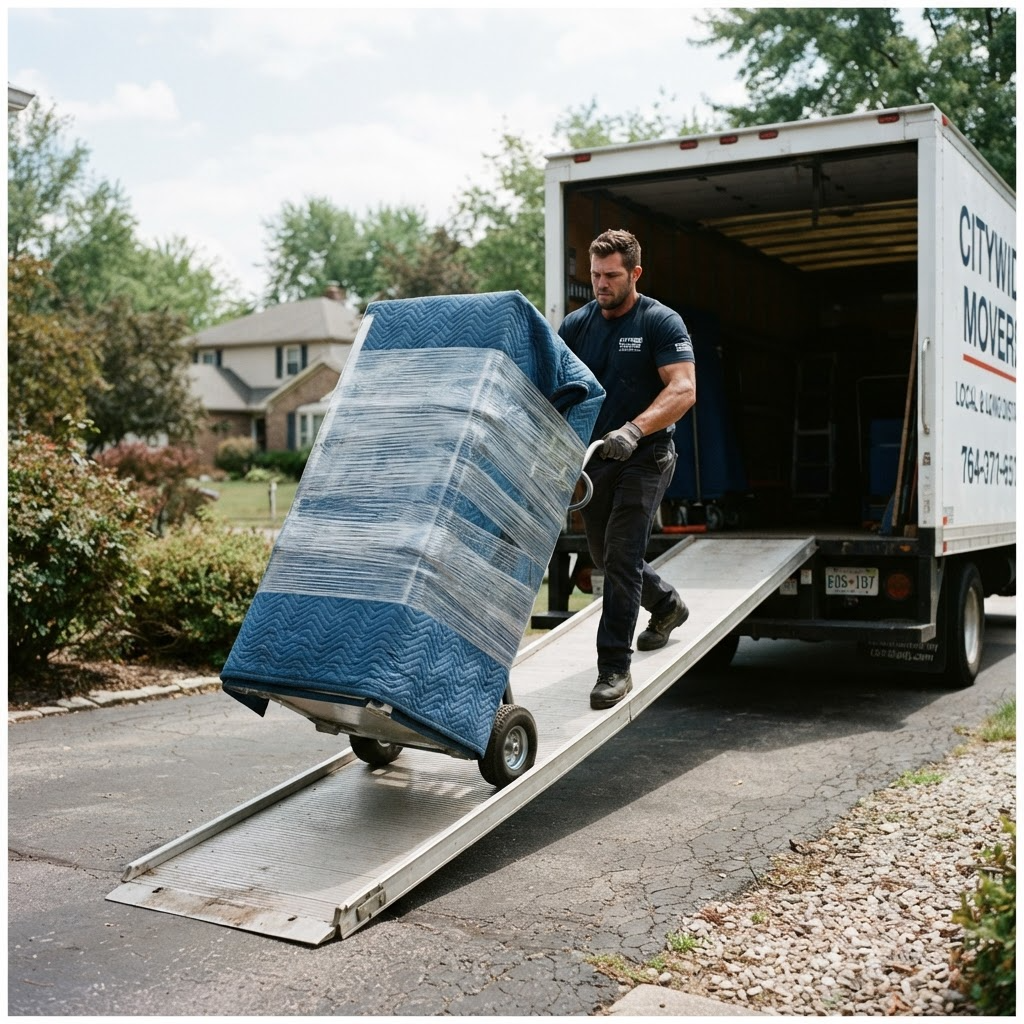 Mover in a residential driveway pulling a hand truck with furniture fully wrapped in a blue quilted moving blanket and clear stretch wrap down the truck ramp