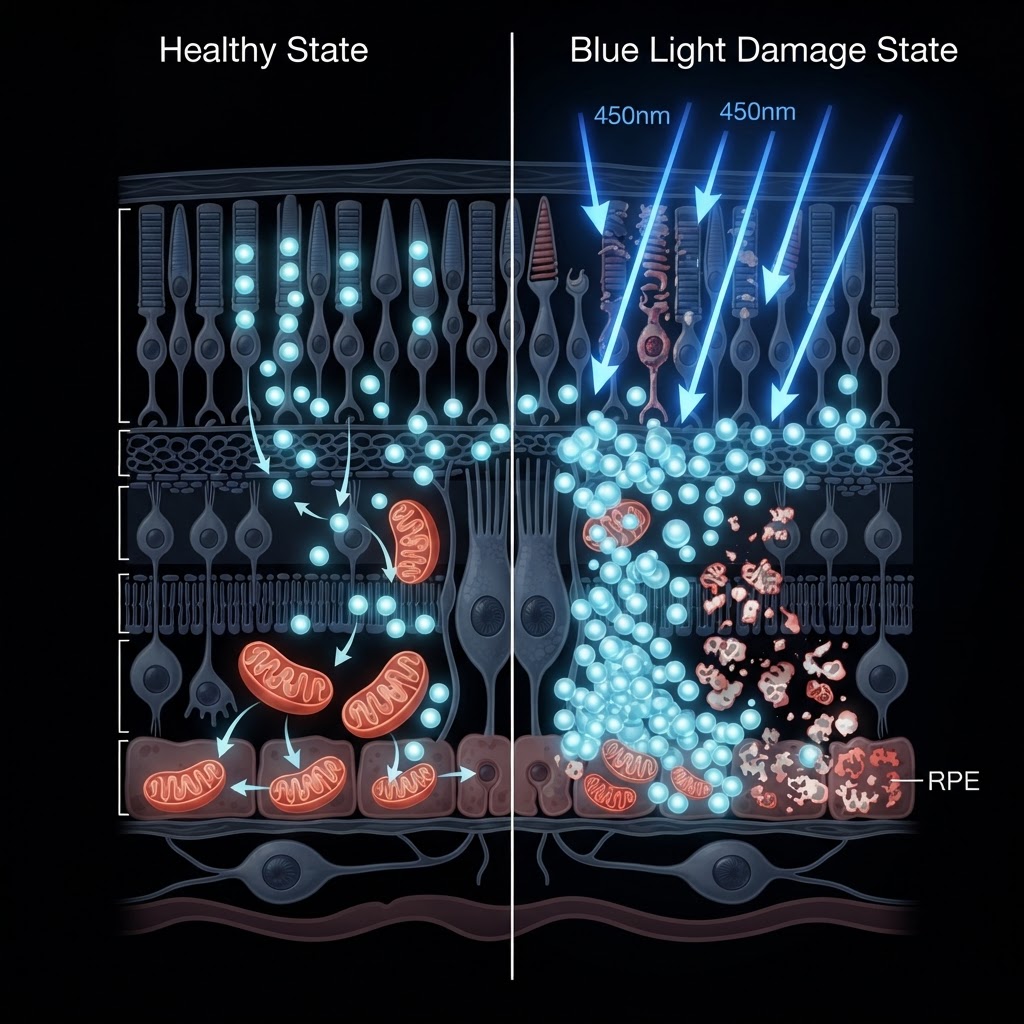 L'effetto Warburg fisiologico della retina: i fotorecettori producono lattato che viene ossidato dai mitocondri di cellule di Müller e RPE. La luce blu danneggia i mitocondri e blocca l'ossidazione del lattato