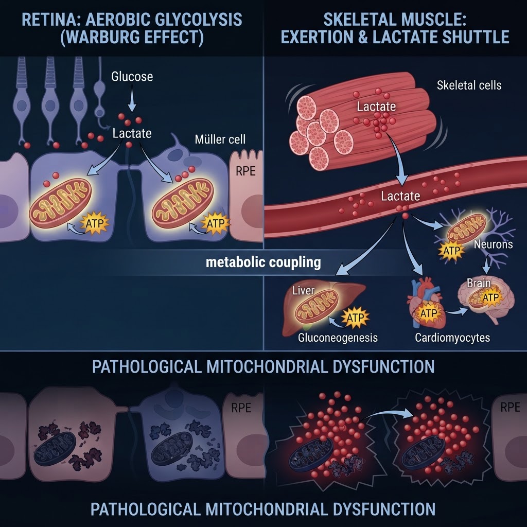 Parallelo metabolico retina-muscolo: entrambi producono lattato come carburante shuttle, entrambi hanno bisogno di mitocondri sani per ossidarlo