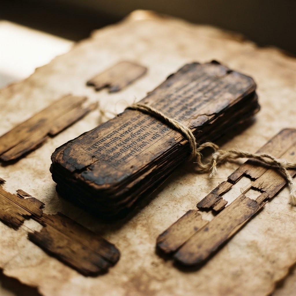Aged palm-leaf manuscript folios with broken edges and missing leaves