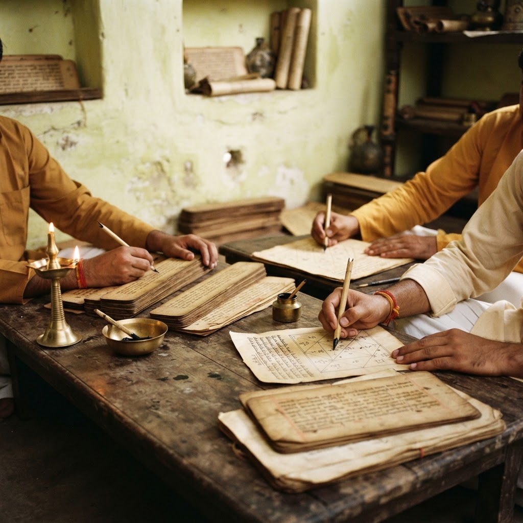Anonymous hands of four analysts annotating palm-leaf manuscripts and kundali charts at a shared low wooden table
