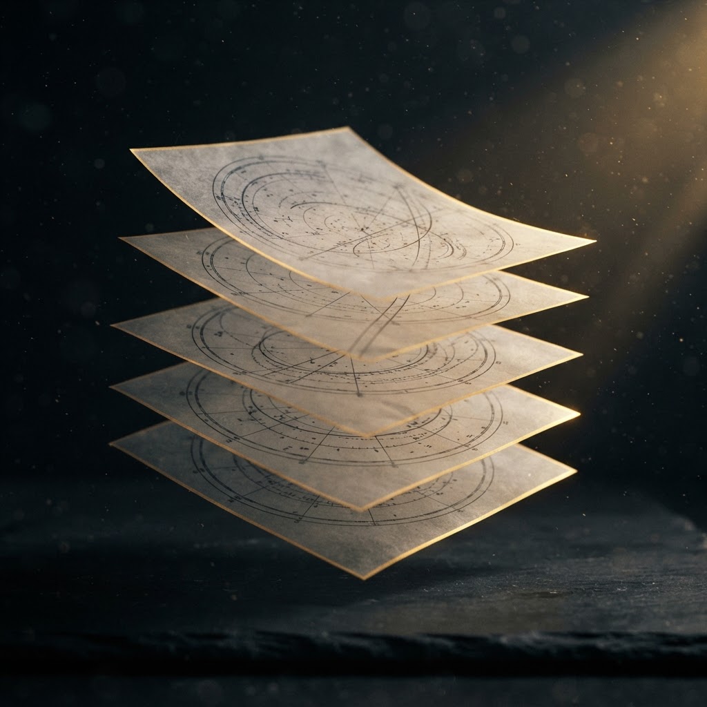 Layered translucent astronomical drawings aligning into a single converging pattern