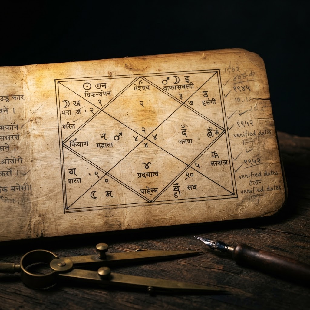 An antique hand-drawn kundali chart annotated in pencil with verified dates