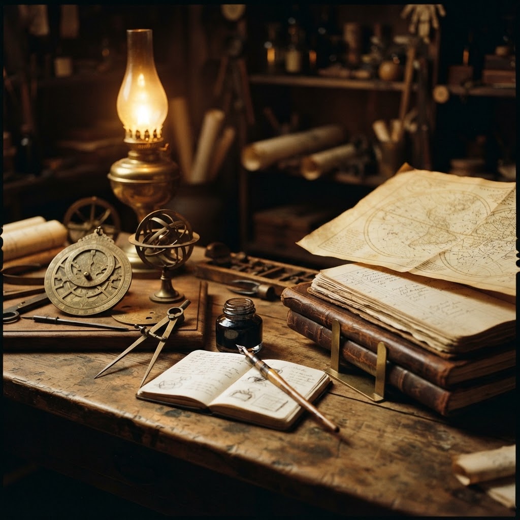 An artisan workbench with brass instruments, ink, ledgers and a parchment chart in warm lamplight