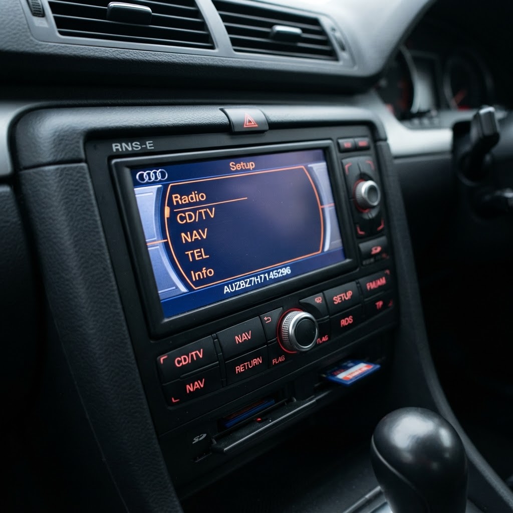 RNS-E shows the serial on screen — no removal needed