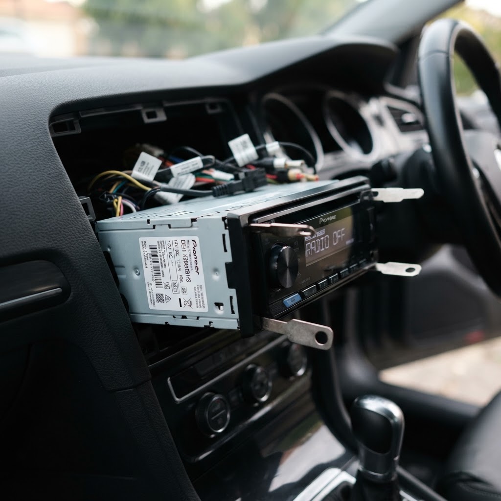 Radio partly slid out using release keys — no wires disconnected