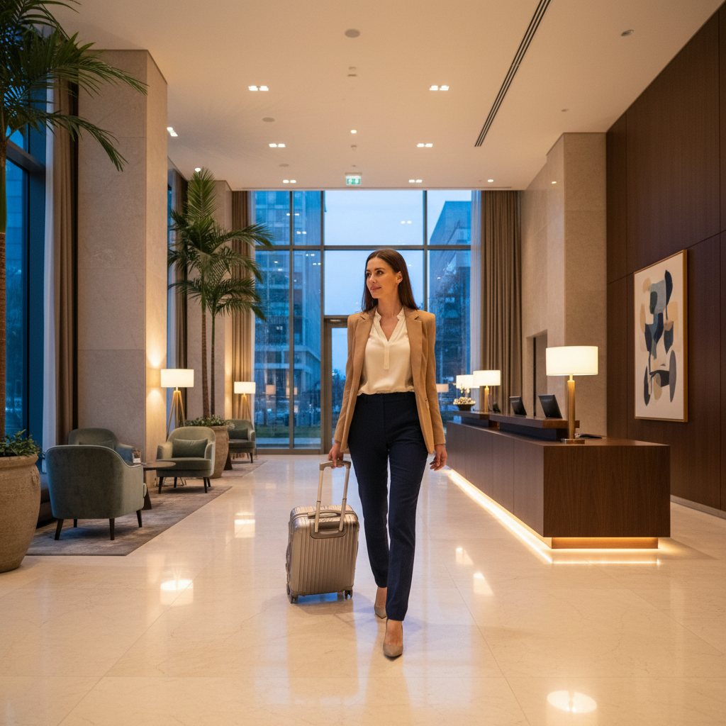 Woman with suitcase entering a hotel lobby