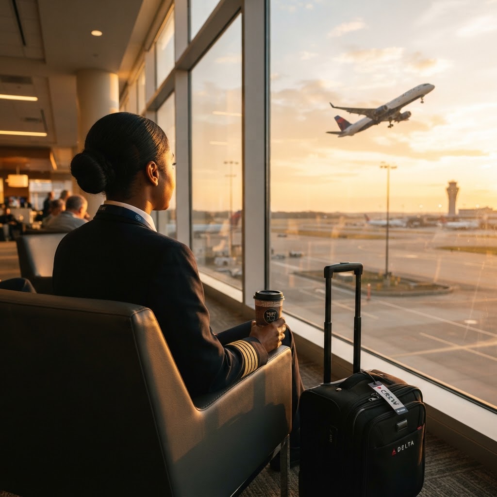 Aviation crew member at airport looking out at departing aircraft