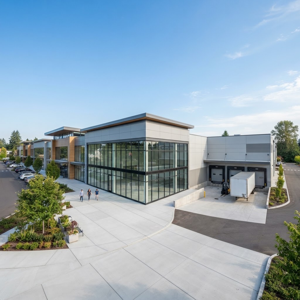 Modern large format retail and warehouse showroom complex in Bibra Lake with spotless glass storefronts and clean loading docks