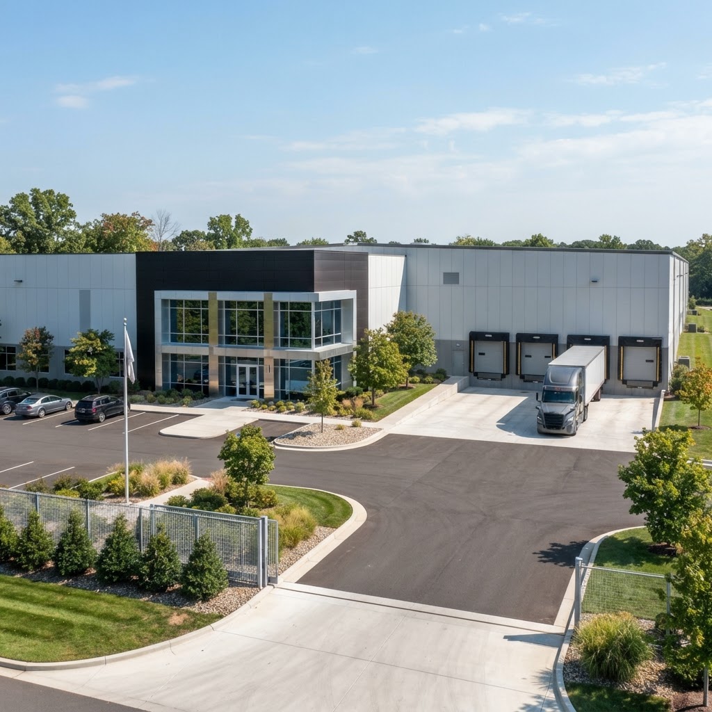 Modern industrial facility exterior in Malaga with clean facade and well-maintained yard