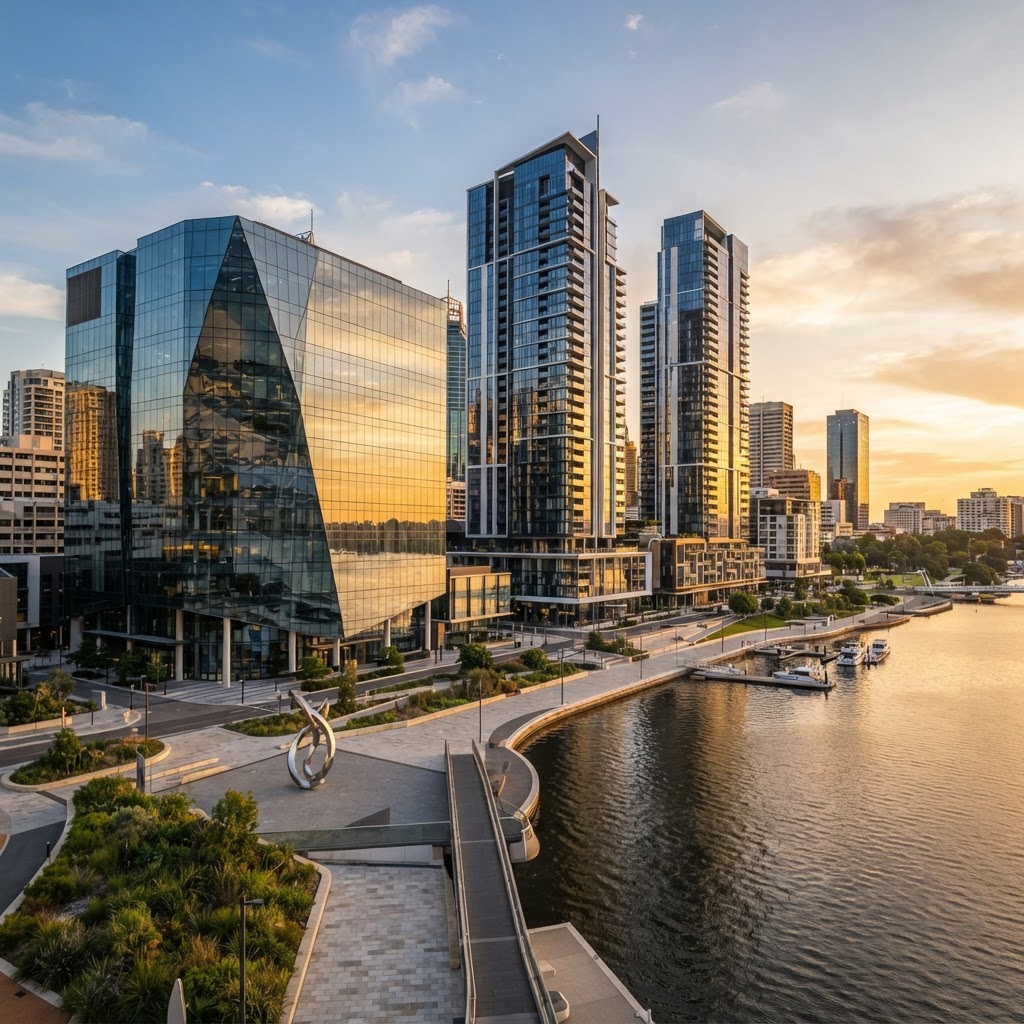 Modern government office building and apartment towers in East Perth near Elizabeth Quay, Western Australia